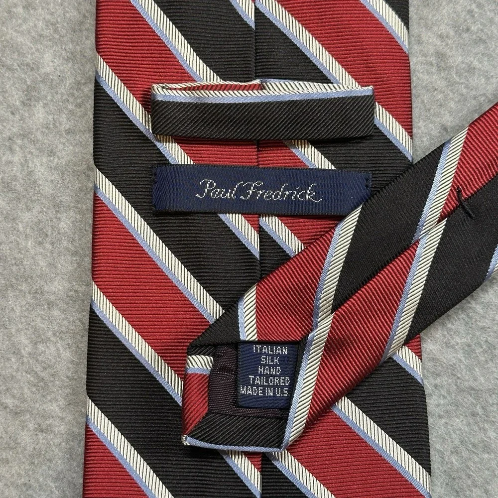 Paul Fredrick Red Black Stripe Italian Silk Necktie Hand Tailored USA 58x3.5in